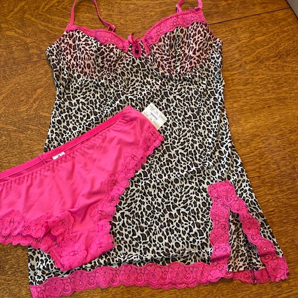 Large NWT Rampage Panties GUC Babydoll Set Leopard Pink Lace Top Camisole Cami L - Picture 9 of 9